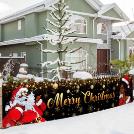 Black Santa Christmas Decorations Garden Banner, Large 9.8 * 2ft African American Christmas Decorations Yard Banner, African American Christmas Banner for Black Santa Outdoor Decorations