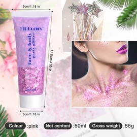 Face Glitter Gel, Chunky Body Glitter, Liquid Hair Glitter, Mermaid Festival Glitter, Long Lasting Sparkling Cosmetic Glitter Sequins for DIY Art Carnival Party Makeup Decoration (Pink 50ml)