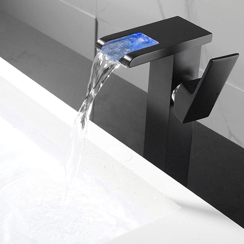 Black Bathroom Vessel Faucet Led Light 3 Color Changing Waterfall