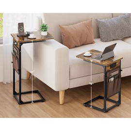 Vagusicc C Shaped End Table with Charging Station, Adjustable Height Side Table for Couch, Small Sofa Table with Storage Bag, Slide Under Sofa TV Tray Snack Arm Table for Living Room, Bedroom, Brown