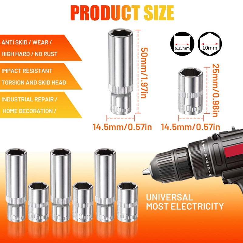 Bettinay 6 PCS 10mm Socket, 1/4-Inch Drive Deep and Shallow