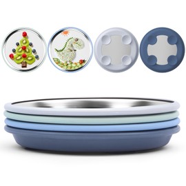 Bakpoco 8" Stainless Steel Baby Suction Plate, Toddler Plates with Removable Silicone Sleeves, Non Toxic Unbreakable Led Weaning Supplies Kids Snack Dishes Set of 4, Sage Blue Gray Navy