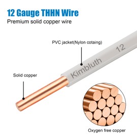 THHN Wire 12 Gauge 50 FT OFC Electrical Wire, 12 AWG Solid Copper Wire Rated up to 600V Building Wire Nylon Jacket for Residential, CNC, Ground, Industrial (12 Gauge, White)