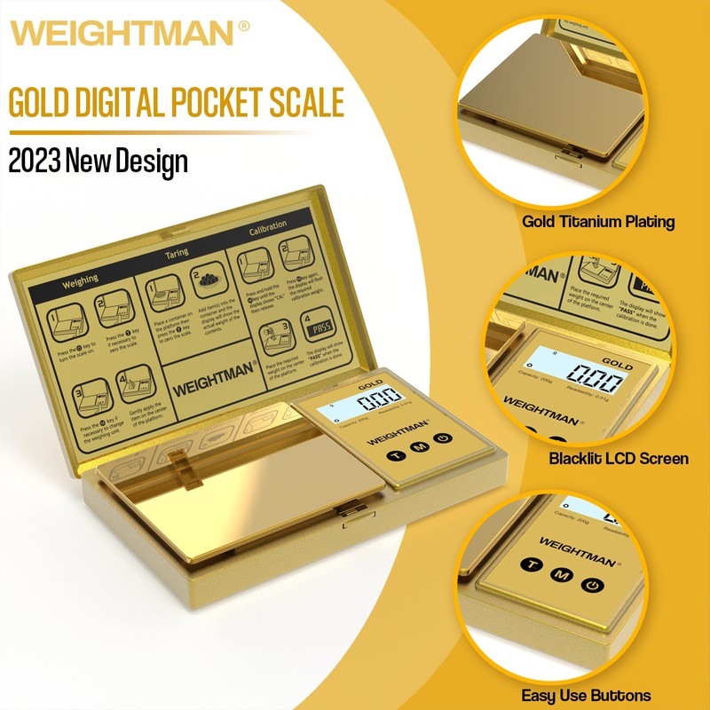 WEIGHTMAN Digital Scale Gram, 200g/0.01g Pocket Scale Gold Titanium Plating,