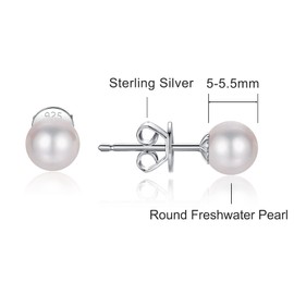 LUCKMORA Pearl Stud Earrings for Women 925 Sterling Silver Sensitive Genuine White Real Round Freshwater Cultured Pearls Everyday Earrings Studs Gift for Ladies (5-5.5mm)