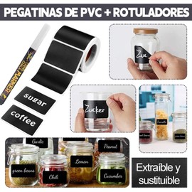 Etiquetas adhesivas pizarra, 180 unidades etiquetas para tarros de cocina, adhesivos removibles reutilizables, 1 tiza blanca para el hogar, la oficina y tarros de especias