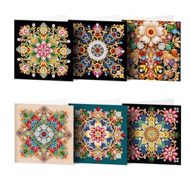 Pigpigboss - Juego de 6 tarjetas de felicitación de arte de mandala con diamantes, tarjetas de cumpleaños de flores con diamantes, tarjetas de pintura de diamantes con forma especial, manualidades
