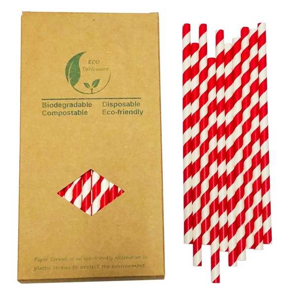 Disposable Red & White Striped Paper Straws, White Red Barber Stripes Straws Bulk 100, 100% Biodegradable Drinking Straws for Birthday Christmas Party Decoration,
