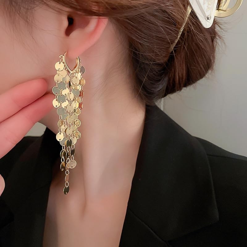 Long Sequin Tassel Statement Dangle Earrings for Women (V-Gold)