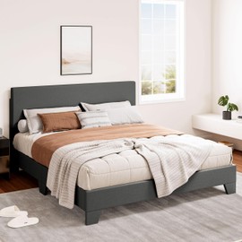 SHA CERLIN Queen Size Platform Bed Frame with Clean Line Fabric & Adjustable Headboard, Wood Slats Support, No Box Spring Needed, Easy Assembly, Dark Grey