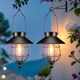 Solar Lanterns Outdoor Hanging Metal Vintage Lantern Warm White Solar Lights lamp Waterproof Edison Bulb Design for Pathway Garden Patio Yard Tree Decoration (2 Pack Black)