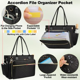 Veirdro Teacher Tote Bag with Accordion File Folder Pocket& USB Charging Port, Large Utility Work Tote Bag with 15.6 Inch Laptop Compartment& Insulated Pocket for Women School Teacher Nurse (Black)