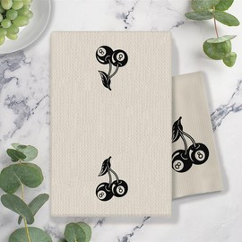 COWEB Boho Preppy Kitchen Towels, Funky Trendy Retro Y2K Lucky 8 Ball Cherry Decorative Hand Towels for Bathroom Kitchen, Vintage Beige Black Kitchen Dish Towels, 16x24 Inches