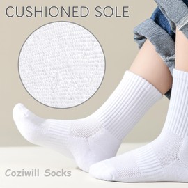 Kids Crew Socks Girls Cushioned Athletic Socks Boys Cotton Breathable Dress Socks Sports School Uniform Youth 10 Pairs (White, 7-10 Years)