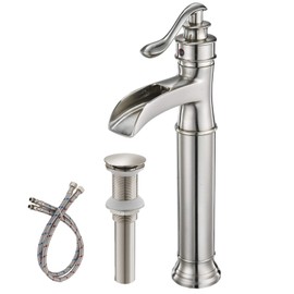 BWE Waterfall Vessel Sink Faucet Brushed Nickel Bathroom Faucet Single Handle Tall Single Hole Bathroom Sink Faucet Commercial Mixer Tap with Pop Up Drain Assembly and Supply Line Lead-Free