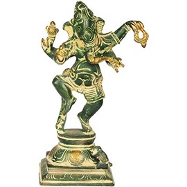 Exotic India Dancing Baby Ganesha - Brass Sculpture - Color Amazing Patina GoldColor