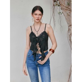 CIDER Going Out Tops for Women Y2K Tie Front Asymmetrical Ruffle Hem Lace Spaghetti Strap Cowgirl Crop Tops Black