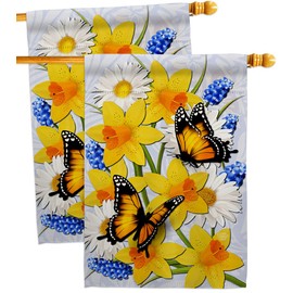 Daffodil Butterflies House Flags 2 pcs Pack Garden Friends Butterfly Ladybugs Dragonfly Bee Springtime Insect Natural Wildlife Small Decorative Gift Yard Banner Double-Sided Made In USA 28 X 40