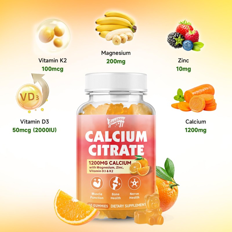 Calcium Citrate Gummies 1200 mg with Vitamin D3, K2, Magnesium,