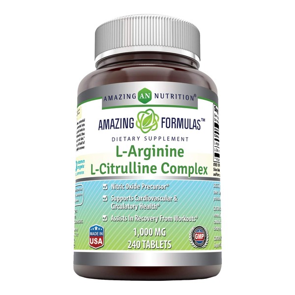 Amazing Nutrition L-Arginine/L-Citrulline Complex 1000 Mg Combines Two Amino Acids with Potential Health Benefits Supports Energy Production Ads (120 Tablets) (Non-GMO,Gluten Free)