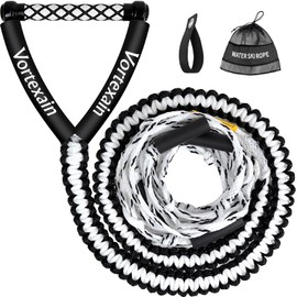 Vortexain Wakesurf Rope with Handle, 25ft 5-Section Adjustable Floating Water Skiing Wakeboard Tow Line with Storage Bag, Black and White Braid Ropes for Wakesurfing and Watersports