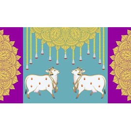 Decorative Backdrop Cloth Marigold Flower Garland with Cow and Mandala Design Curtain Cloth Hanging on Wall for Indian Traditional Festival Background Pooja Decor (Size: 96 x 60 inches) (Multicolour)