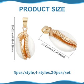 PH PandaHall 4 Styles Shell Pendants, 20 Pieces, Cowrie Shell Pendants, Seashell Dangle Charms with Bow, Beach Cowrie Shells, Spiral Charms for Summer Jewellery Making, Necklaces, Earrings, 25-32 mm