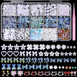 White Nail Charms and Gems Kit, 3D Multi Shapes White Bows Blossom Flowers Bear Crystal Nail Charms, Silver Alloy Butterfly Nail Gems Rhinestone Charms for Nail Art DIY Design