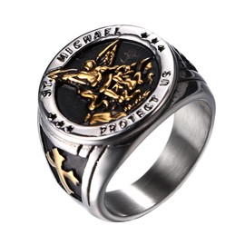 Flongo Saint Michael Signet Ring for Men: Gold Silver Religious Ring Amulet Saint Michael Stainless Steel Protector Jewelry Signet Ring Religion Round Retro Band Gift Size from 57 to 71, Stainless