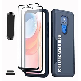 Funda híbrida de doble capa para Moto G Play 2021 de 6.5 pulgadas, de grado militar, resistente a los golpes, con 1 soporte magnético para coche y 2 protectores de pantalla de vidrio templado HD (azul)