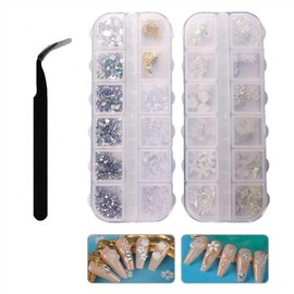 2 Boxes of 3D Nail Rhinestones,Nail Stuff for Nail Techs,Colorful Diamond Pearl Chain Paired with Semi-Circular Steel Balls,DIY Creates Sparkling Nail Art