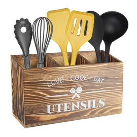 Gzsekken Utensil Holder for Kitchen Counter, Large 3 Compartments Wood Kitchen Utensils Organiser, Brown Cutlery Holder with Drainer, Kitchen Utensil Storage & Organisation