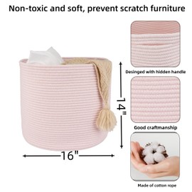 XUANGUO Cotton Rope Basket For Girls Boys Kids 16”X14” Baby Laundry Basket Nursery Bin Round Woven Basket Organizer For Storage Toys Blankets Shoes Clothes pink