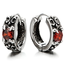 Pair Vintage Huggie Hinged Hoop Earrings with Red Cubic Zirconia, Stainless Steel, for Men Women(CA)
