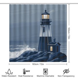 Dunmat 4 Pcs Vintage Lighthouse Shower Curtain Set with Rugs, Include Bathroom Non-Slip Floor Mat, U-Shaped Bath Rug and Toilet Cover Lid with 12 Hooks, Style-3