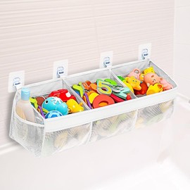 Bath Toy Storage Net, 67cm Mesh Baby Bath Toy Holder Bag, Bath Toy Tidy for Accessing & Sorting Toys, Bath Toy Organiser with 3 Horizontal Large Openings, 2 Side Pocket and 5 Strong Suction Hooks