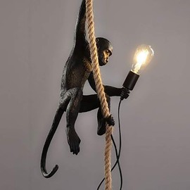 Vintage Resin Hemp Rope Monkey Pendant Light, 110V Modern monkey lamp Fixture for Interior Creative Decoration & Lighting Retro Edison Ceiling Chandelier Dining Decorative Hanging Lamp (Black)