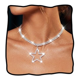 JEAIRTS Rhinestone Star Pendant Choker Necklace Sparkly Collar for Women