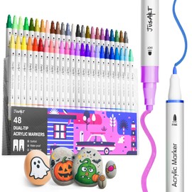 JusArt 48 Colors Dual Tip Acrylic Paint Markers with Dot and Fine Tip, No-Bleed Paint Pens and Waterproof Markers for Rock, Wood, Glass, Ceramic - Vibrant Art Supplies for Kids, Beginners & Artists