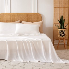 LUTBM King Sheet Set 100% Cotton Bed Sheets 4 Pcs Gauze White King Sheets - 16" Deep Pocket Sheet & Pillowcase Sets Boho Muslin Sheets King Size Soft All Season Bedding