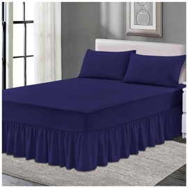 Plain Poly Cotton Frilled Valance Fitted Sheets, Easy Care Fitted Valance Sheet, Double Bed Skirt Valance Bedsheets, Navy