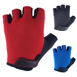 Half Finger Bike Gloves Bicycle Cycling Gym Breathable Anti Slip MTB Hiking Training Fitness Road, Black Blue Red (Red, L)