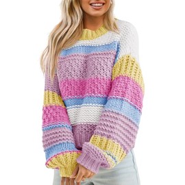 Saodimallsu Womens Color Block Sweater Striped Chunky Knit Cropped Sweaters Crewneck Fall Long Sleeve Loose Pullover Tops Pink
