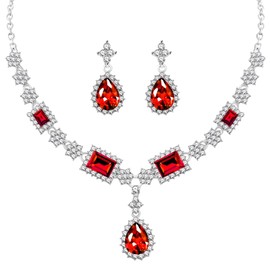 Tobestu Bridal Red Rhinestone Teardrop Necklace Stud Earrings Set - Wedding Engagement Anniversary Party Jewelry for Women YA5042