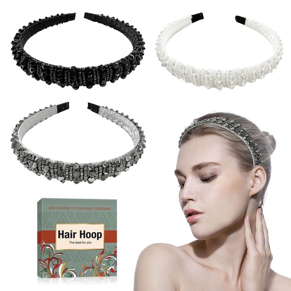 Jancosta Pack of 3 Crystal Rhinestone Headbands, Crystal Decorated Crystal Headband, Velvet Padded Wide Hair Bands, Party Wedding Headpiece, Hair Accessories for Women (Black, White, Beige)