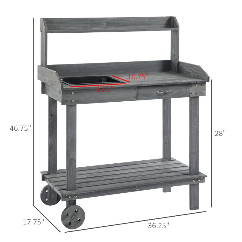 Gray Wooden Potting Bench With Wheels Sink Drawer Storage Outdoor