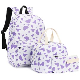Esfoxes School Backpack for Girls, Kids Teens School Bags Bookbags Set with Lunch Bag Pencil Bag (Cow Print Purple)