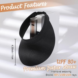 Chicingyou Sun Visor Hat for Women Wide Brim Straw Ponytail Beach Hat Beach Visors UV UPF Packable Foldable Travel (Black)