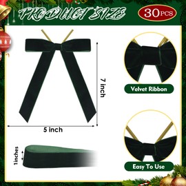 30 Pcs Christmas Velvet Wreath Bow, 5 x 7 Inch Vintage Velvet Ribbon Bows Rustic Crafts Gift Bows for Indoor Outdoor Wreaths Garland Holiday Xmas Tree Wrapping Crafts (Dark Green, Width of 1")