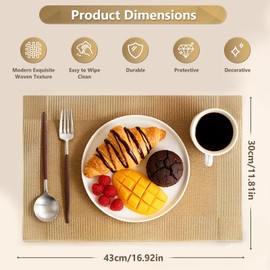 DSJIFGEW Placemats, Placemats Set of 6, Table Place Mats for Kitchen Dining, Heat-Resistant Anti-Skid Stain Washable PVC Table Mats, Easy to Cleaning Woven Vinyl Dinner Mats (Gold)